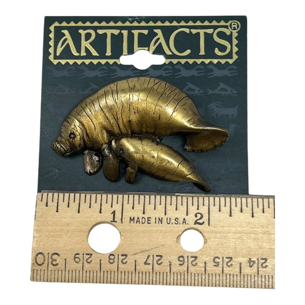 JJ Artifacts Manatee Mommy Baby Brooch Pin Gold Tone Metal 1986 Vintage - Picture 5 of 6